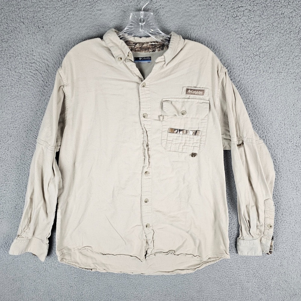 Columbia Button Up Mens Medium Beige PHG Vented Hunting Long Sleeve Shirt